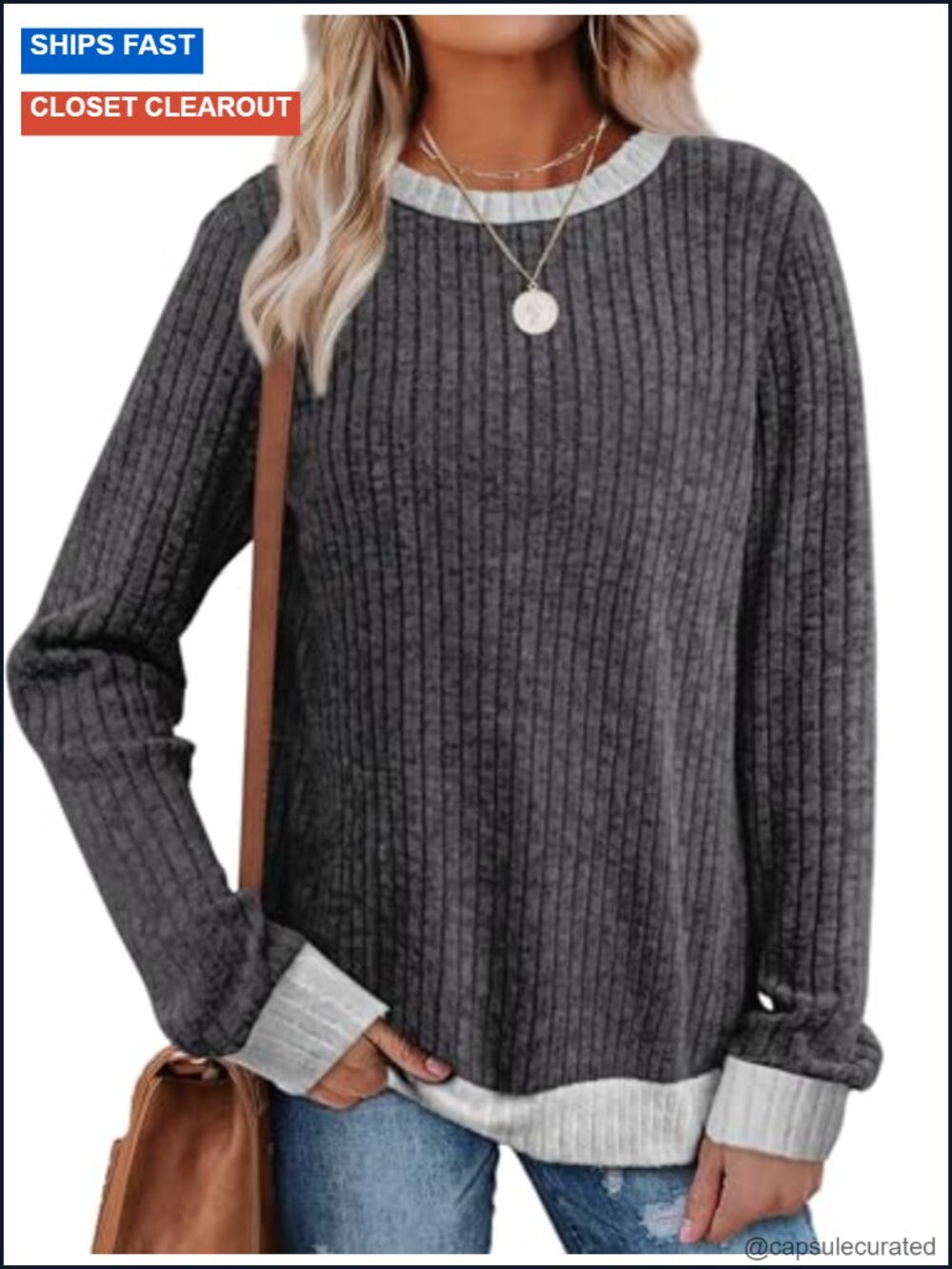 Women's Loose Fit Tunic Sweater Long Sleeve Color Block Crewneck Pullover